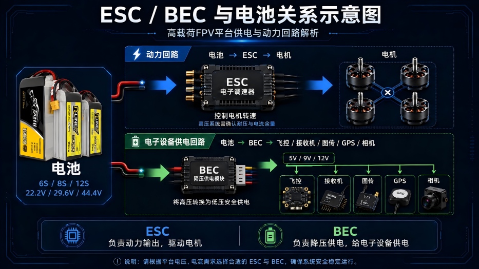 10-22寸FPV無人機(jī)ESC/BEC與電池關(guān)系